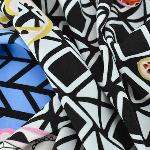1 1/2 YD PC-Cerulean Blue/Black/Multi Funky Paisley Print Peachskin Fabric