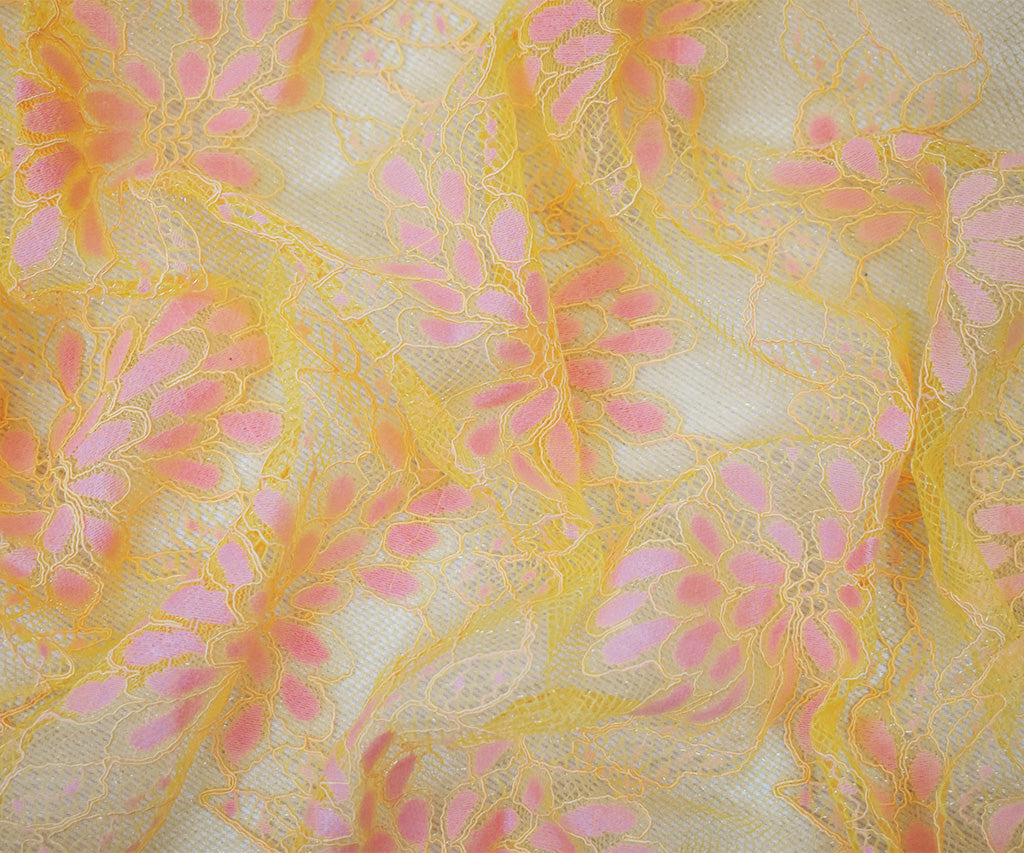 1 1/2 YD PC-Orange-Pink Nylon Floral Crochet Lace Mesh Knit Fabric