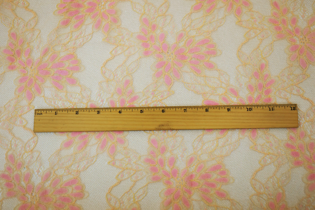 1 1/2 YD PC-Orange-Pink Nylon Floral Crochet Lace Mesh Knit Fabric