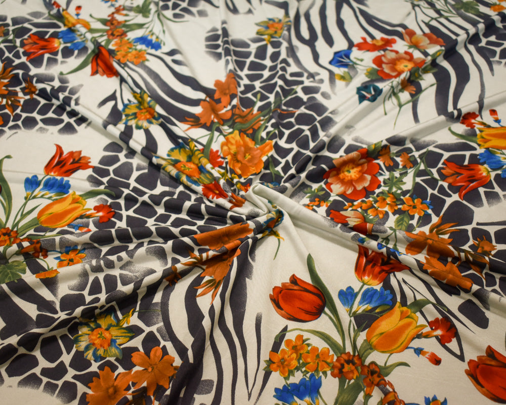 1 1/2 YD PC-Gray-Orange-Multi Floral Animal Printed Stretch Silk Jersey Knit Fabric