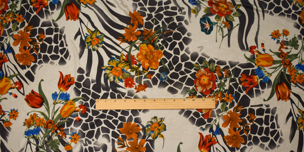 1 1/2 YD PC-Gray-Orange-Multi Floral Animal Printed Stretch Silk Jersey Knit Fabric