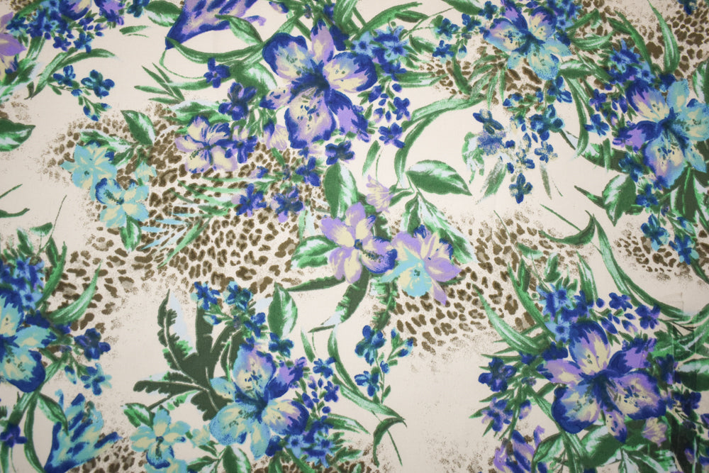 Ivory-Green-Multi Poly Floral with Leopard Printed Charmeuse Satin Woven Fabric