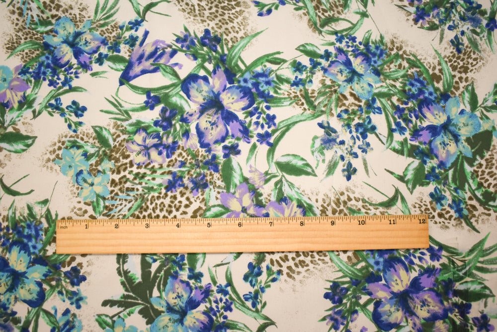 Ivory-Green-Multi Poly Floral with Leopard Printed Charmeuse Satin Woven Fabric
