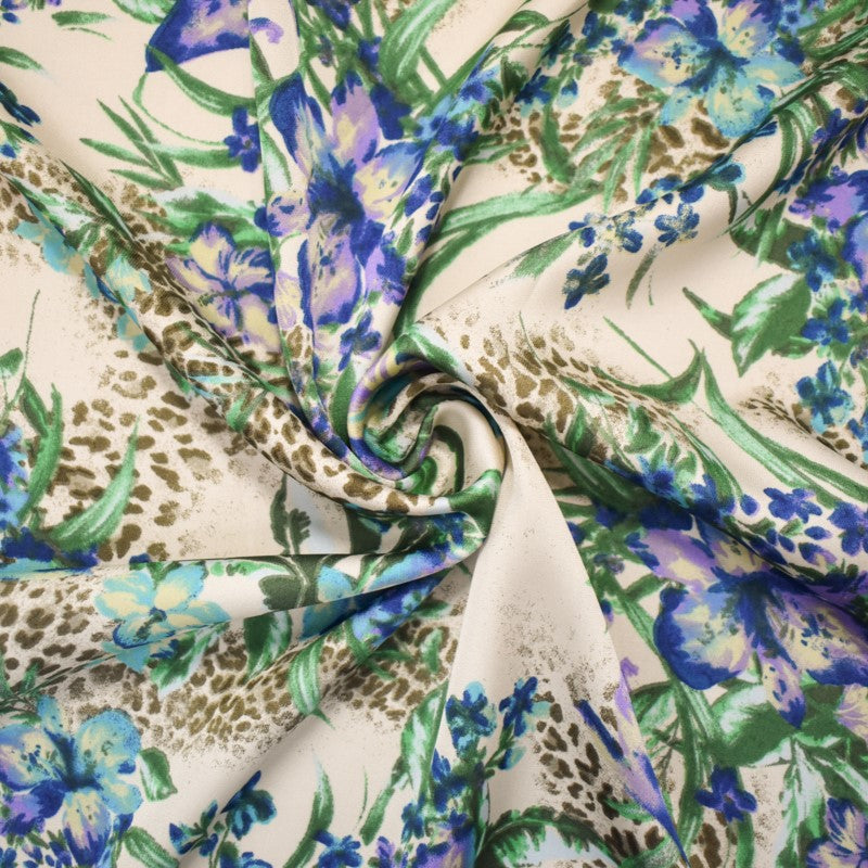 Ivory-Green-Multi Poly Floral with Leopard Printed Charmeuse Satin Woven Fabric