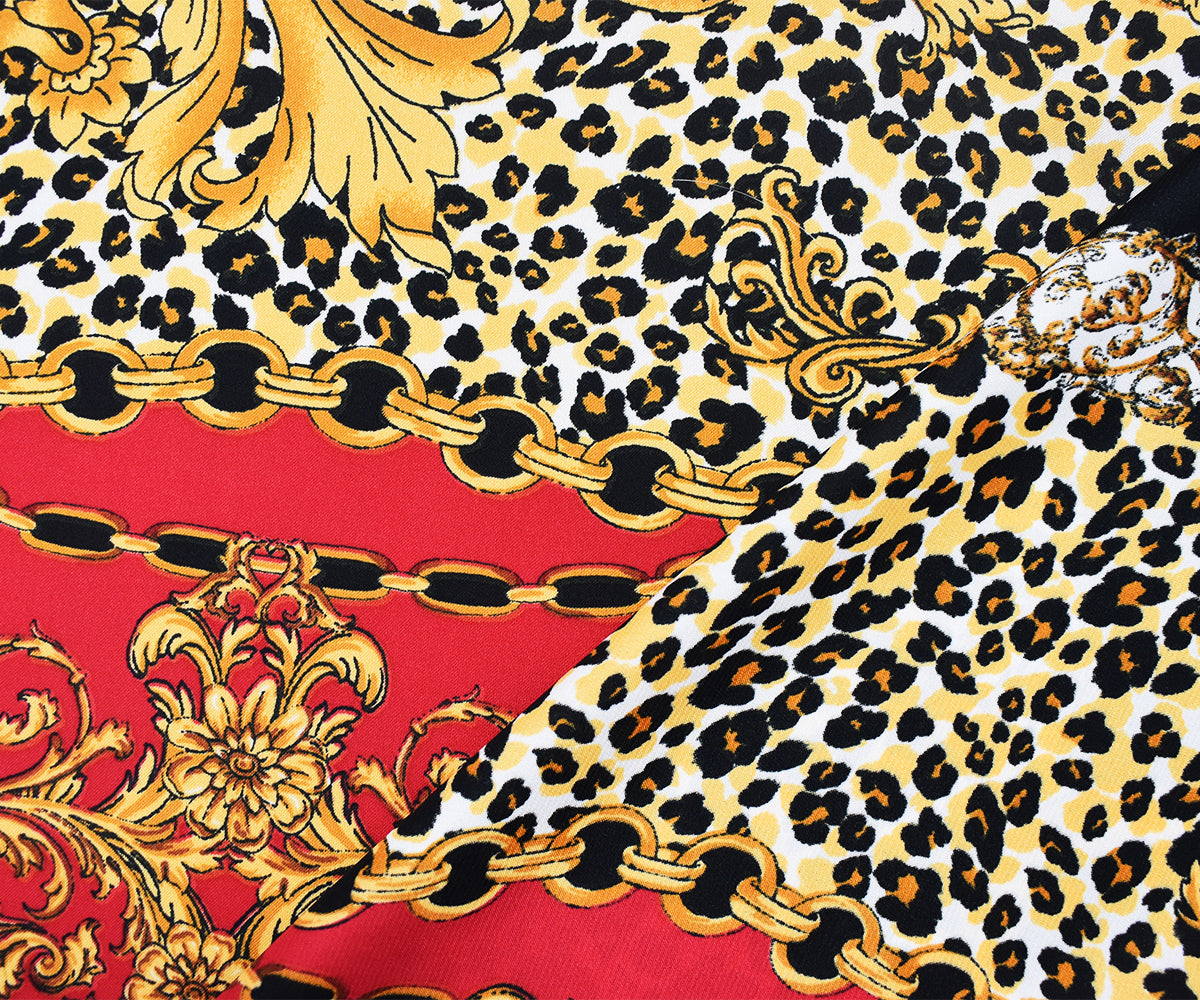 Red-Yellow-Multi Poly Baroque with Leopard Printed Charmeuse Satin Woven Fabric