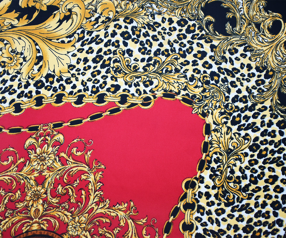 Red-Yellow-Multi Poly Baroque with Leopard Printed Charmeuse Satin Woven Fabric