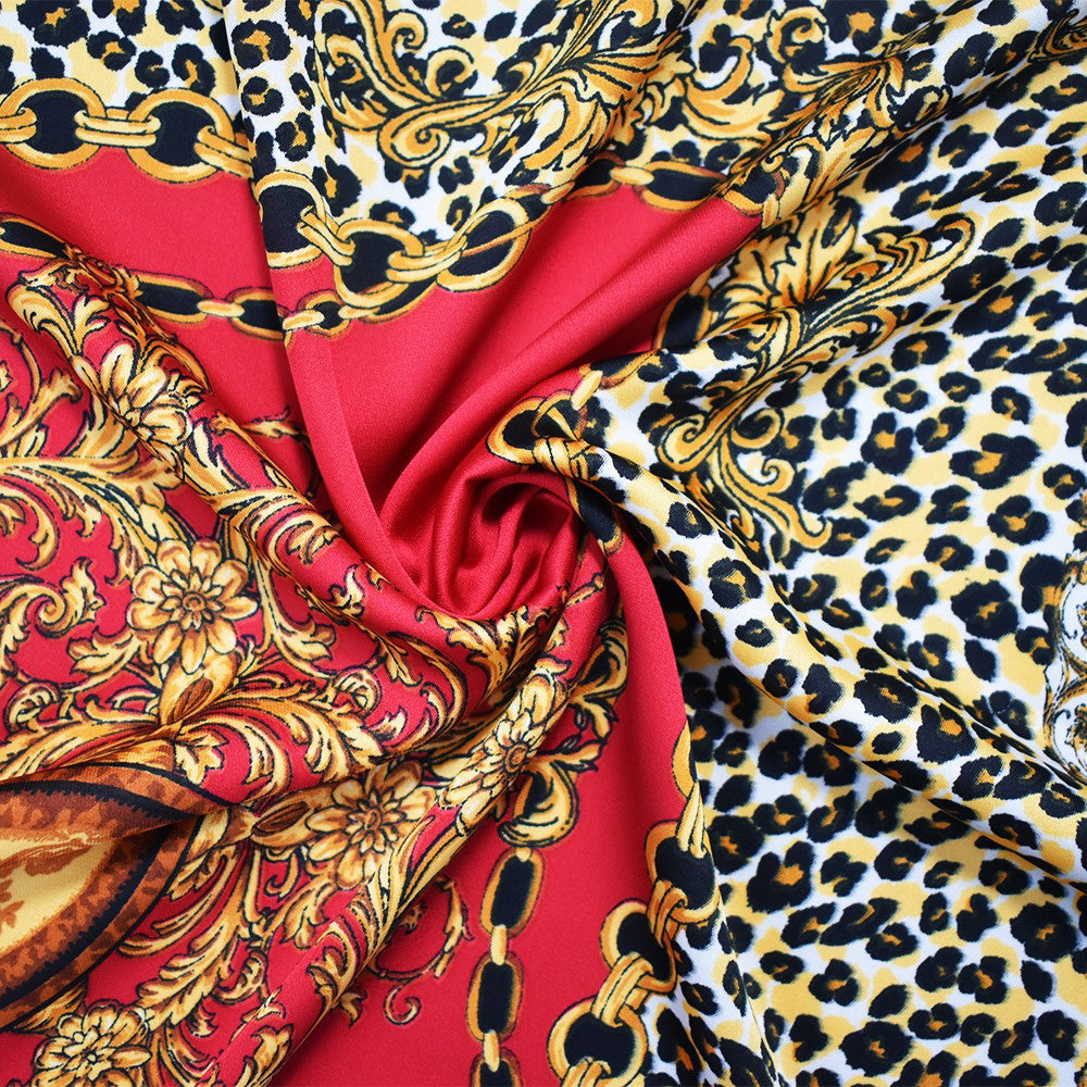 Red-Yellow-Multi Poly Baroque with Leopard Printed Charmeuse Satin Woven Fabric