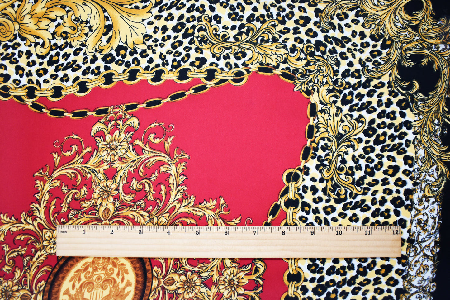 Red-Yellow-Multi Poly Baroque with Leopard Printed Charmeuse Satin Woven Fabric