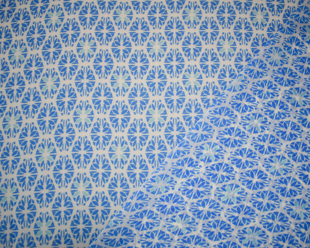 Blue-White Poly Abstract Floral Printed Chiffon Woven Fabric