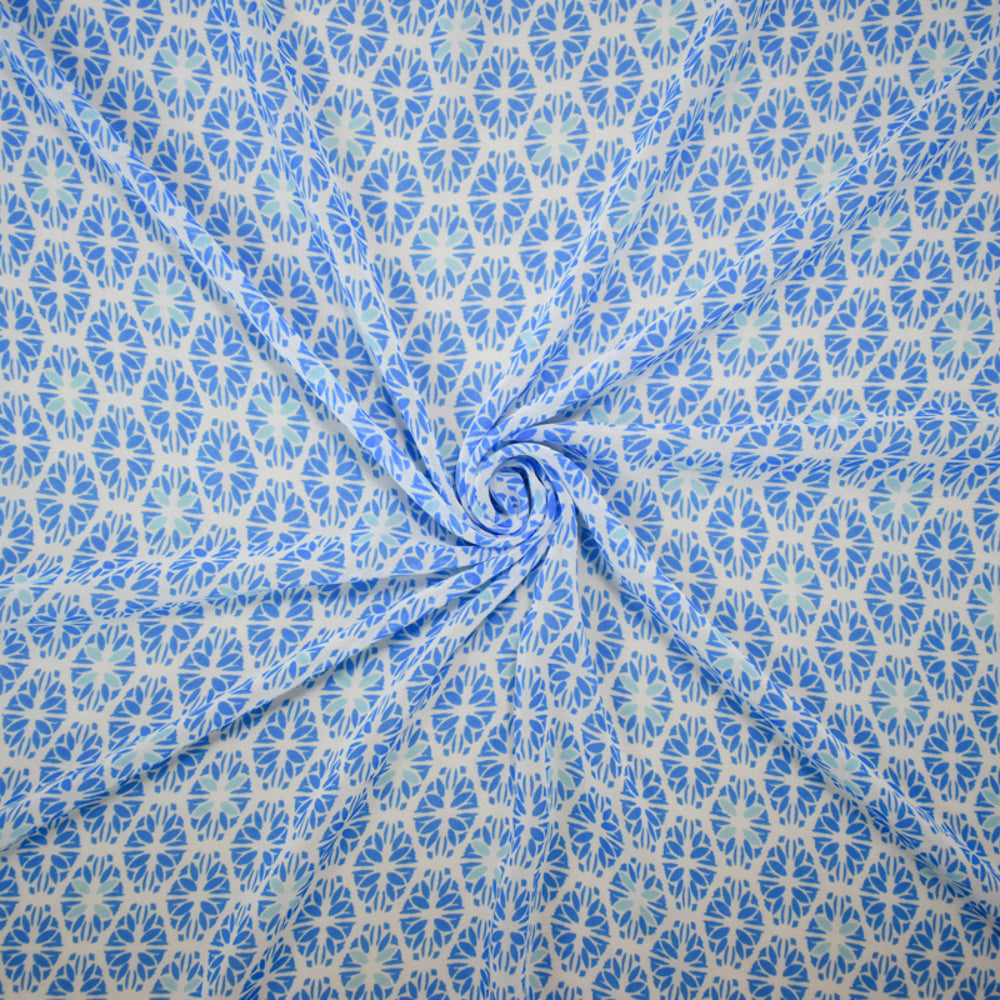 Blue-White Poly Abstract Floral Printed Chiffon Woven Fabric