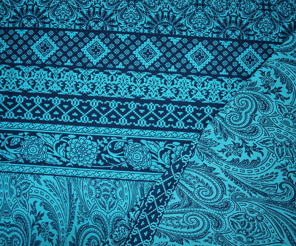 Turquoise-Blue Poly Baroque Stripe Printed Georgette Woven Fabric