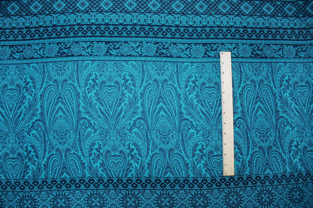 Turquoise-Blue Poly Baroque Stripe Printed Georgette Woven Fabric