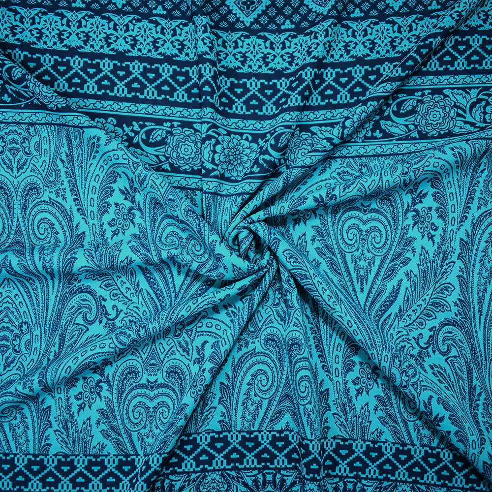 Turquoise-Blue Poly Baroque Stripe Printed Georgette Woven Fabric