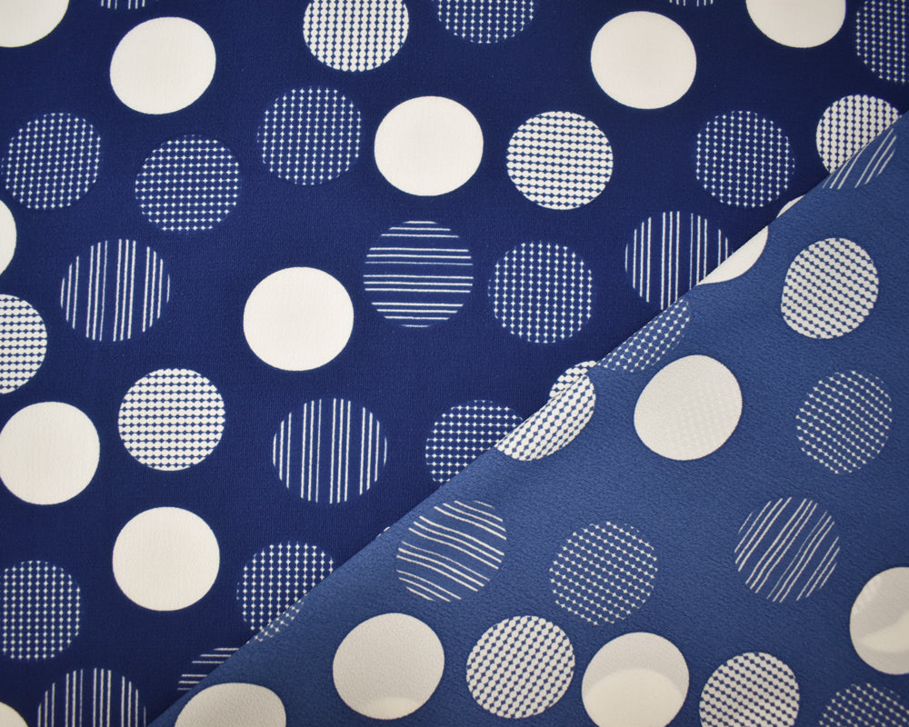 Blue-White Poly Circle Abstract Printed Pebble Crepe Woven Fabric