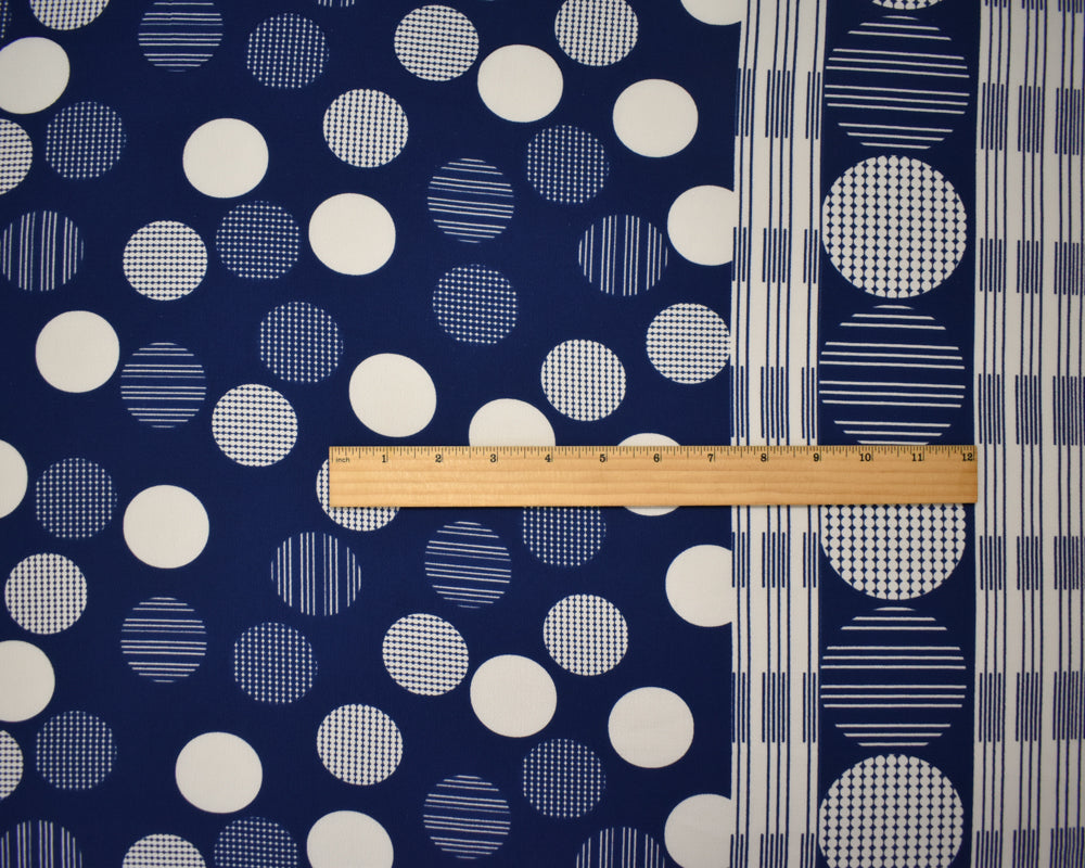 Blue-White Poly Circle Abstract Printed Pebble Crepe Woven Fabric