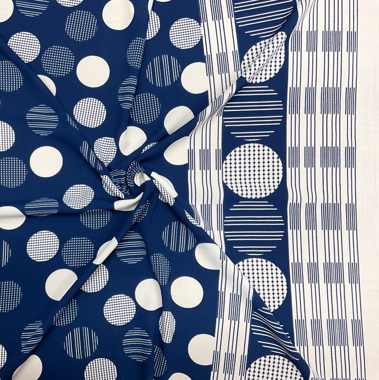 Blue-White Poly Circle Abstract Printed Pebble Crepe Woven Fabric