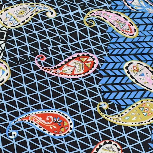 1 1/2 YD PC-Cerulean Blue/Black/Multi Funky Paisley Print Peachskin Fabric