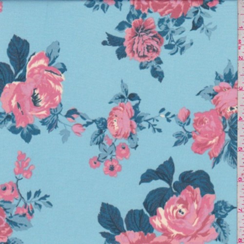 1 1/8 YD PC-Powder Blue/Pink Rose ITY Knit Fabric