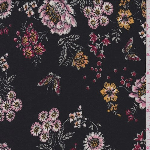 1 1/2 YD PC-Black/Pink/Mulberry Floral ITY Jersey Knit Fabric