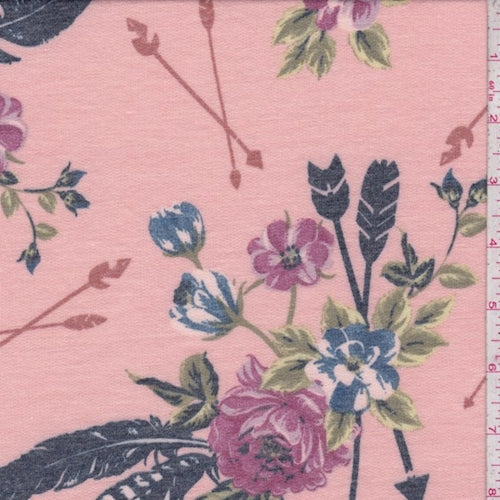 1 3/4 YD PC-Pink Peach Arrow Floral Double Brushed French Terry Knit Fabric