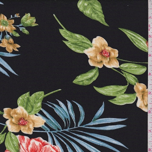 1 1/8 YD PC-Black Multi Tropical Floral Double Brushed Jersey Knit Fabric