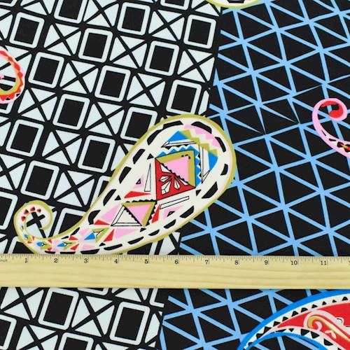 1 1/2 YD PC-Cerulean Blue/Black/Multi Funky Paisley Print Peachskin Fabric