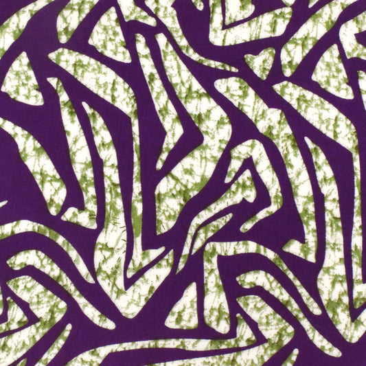 1 1/4 YD PC-Purple-Green-Ivory Abstract Zebra Marble Printed Challis Fabric