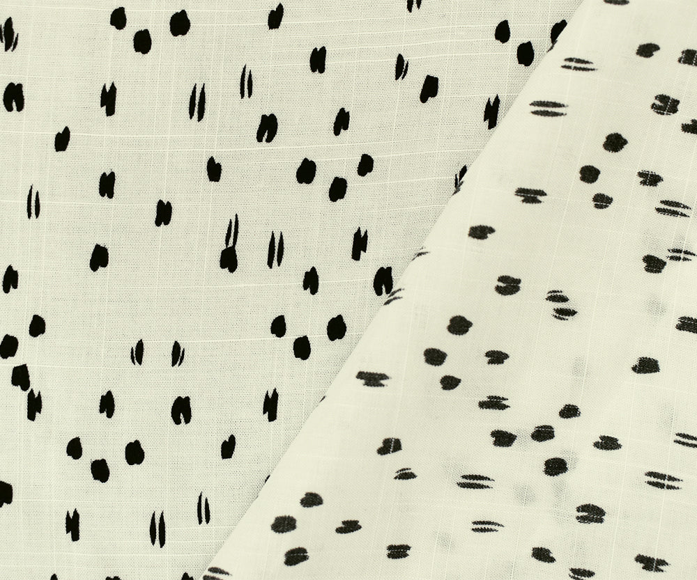 White-Black Rayon Abstract Spots Semi-Sheer Printed Slub Woven Fabric
