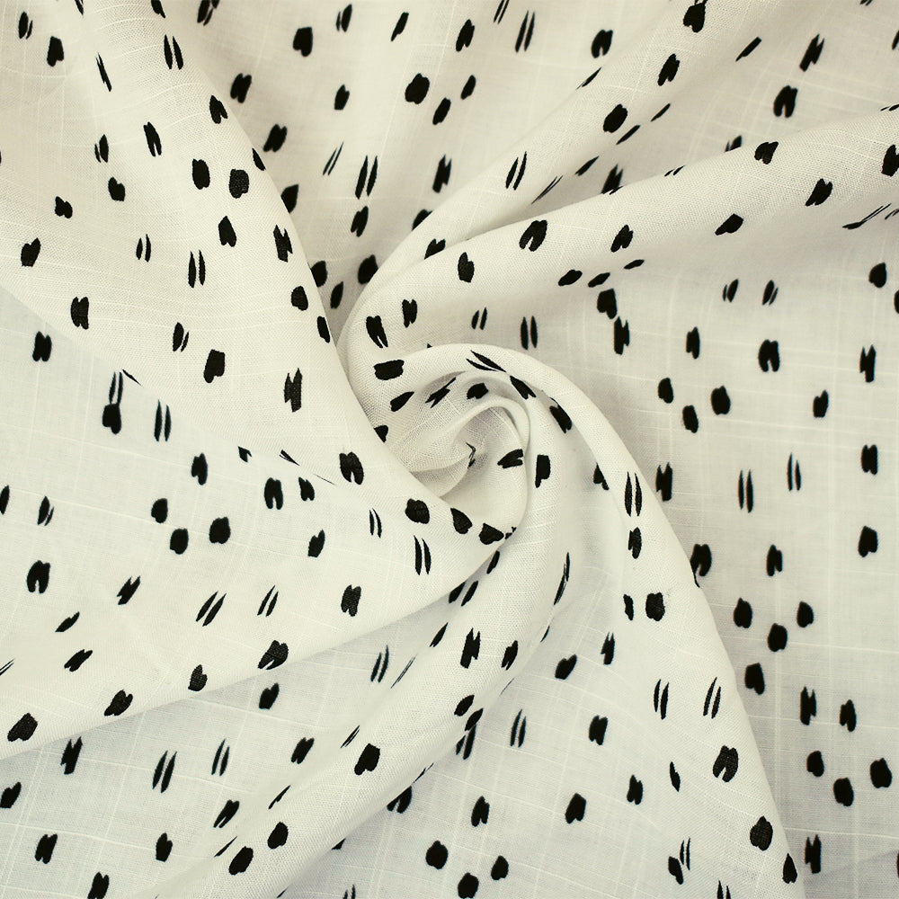 White-Black Rayon Abstract Spots Semi-Sheer Printed Slub Woven Fabric