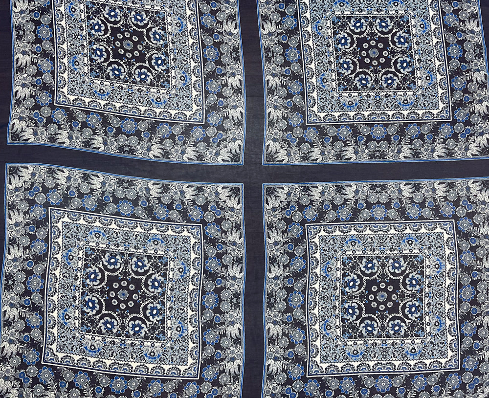 Blue-White Floral Moroccan Bandana PANEL Printed Chiffon Woven Fabric