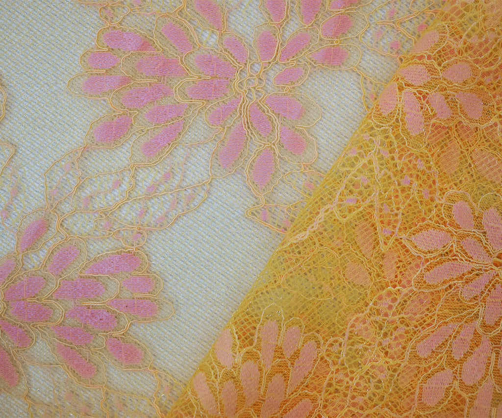 1 1/2 YD PC-Orange-Pink Nylon Floral Crochet Lace Mesh Knit Fabric