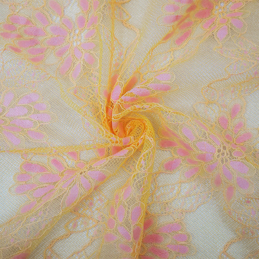 1 1/2 YD PC-Orange-Pink Nylon Floral Crochet Lace Mesh Knit Fabric