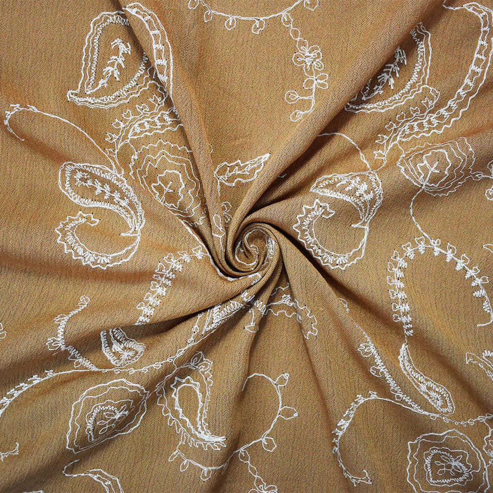 Cream Brown-White Cotton Paisley Vine Embroidered Gauze Woven Fabric