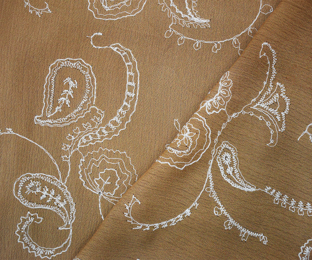Cream Brown-White Cotton Paisley Vine Embroidered Gauze Woven Fabric
