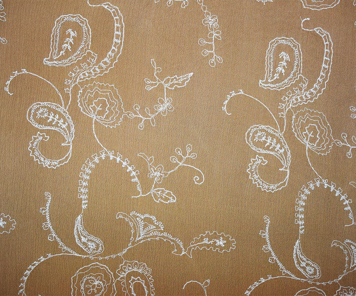 Cream Brown-White Cotton Paisley Vine Embroidered Gauze Woven Fabric