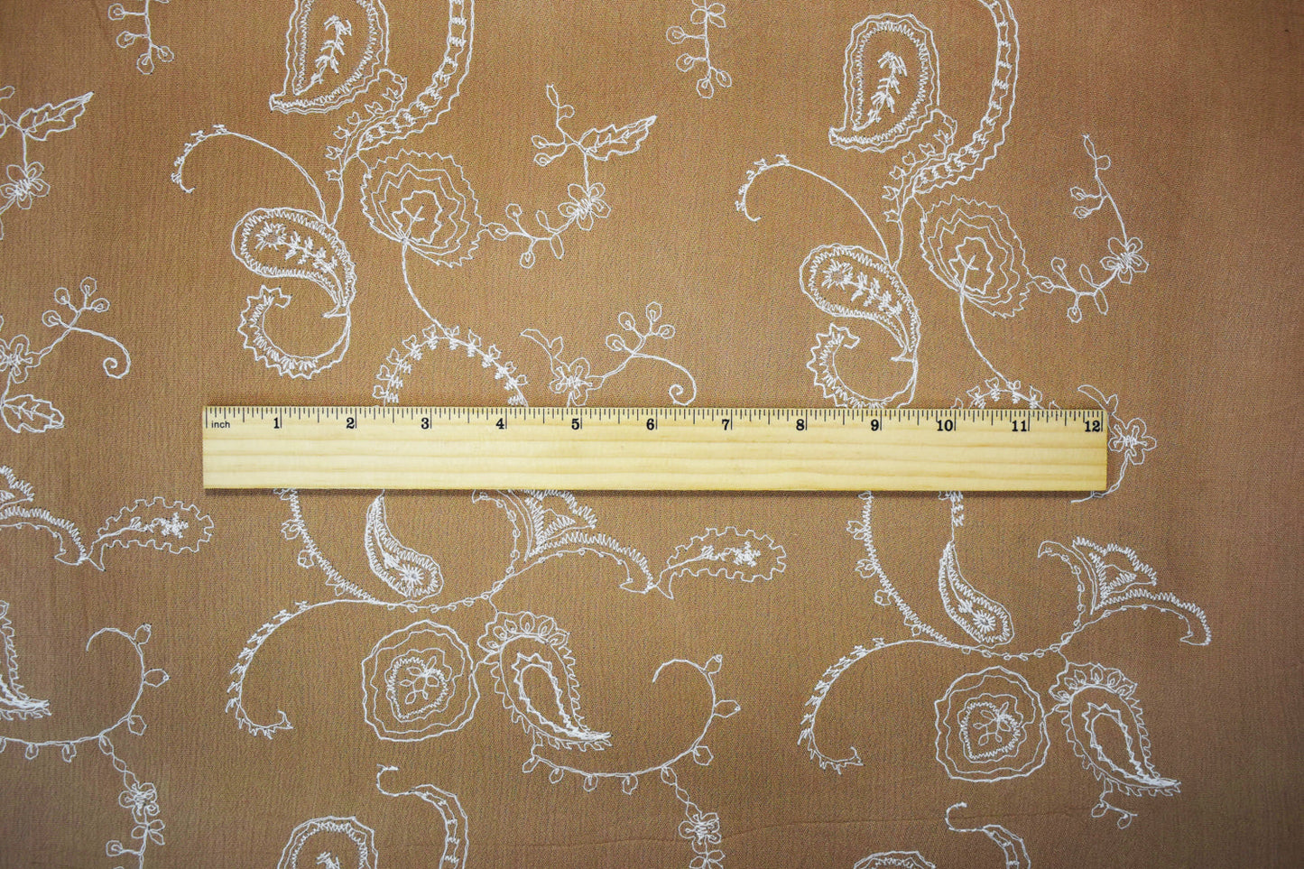 Cream Brown-White Cotton Paisley Vine Embroidered Gauze Woven Fabric