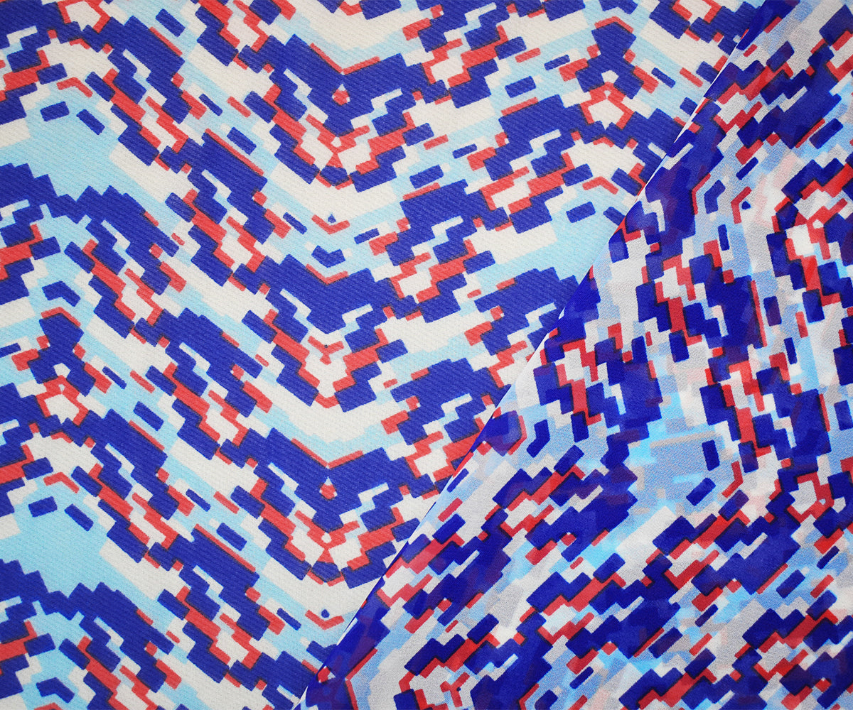 Blue-Red-White Poly Pixel Chevron Printed Chiffon Woven Fabric