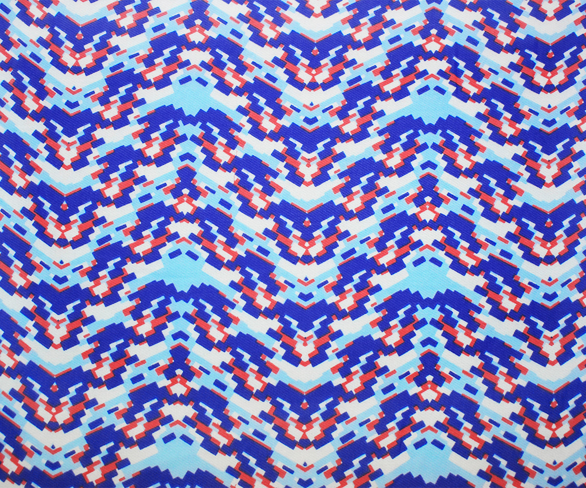 Blue-Red-White Poly Pixel Chevron Printed Chiffon Woven Fabric