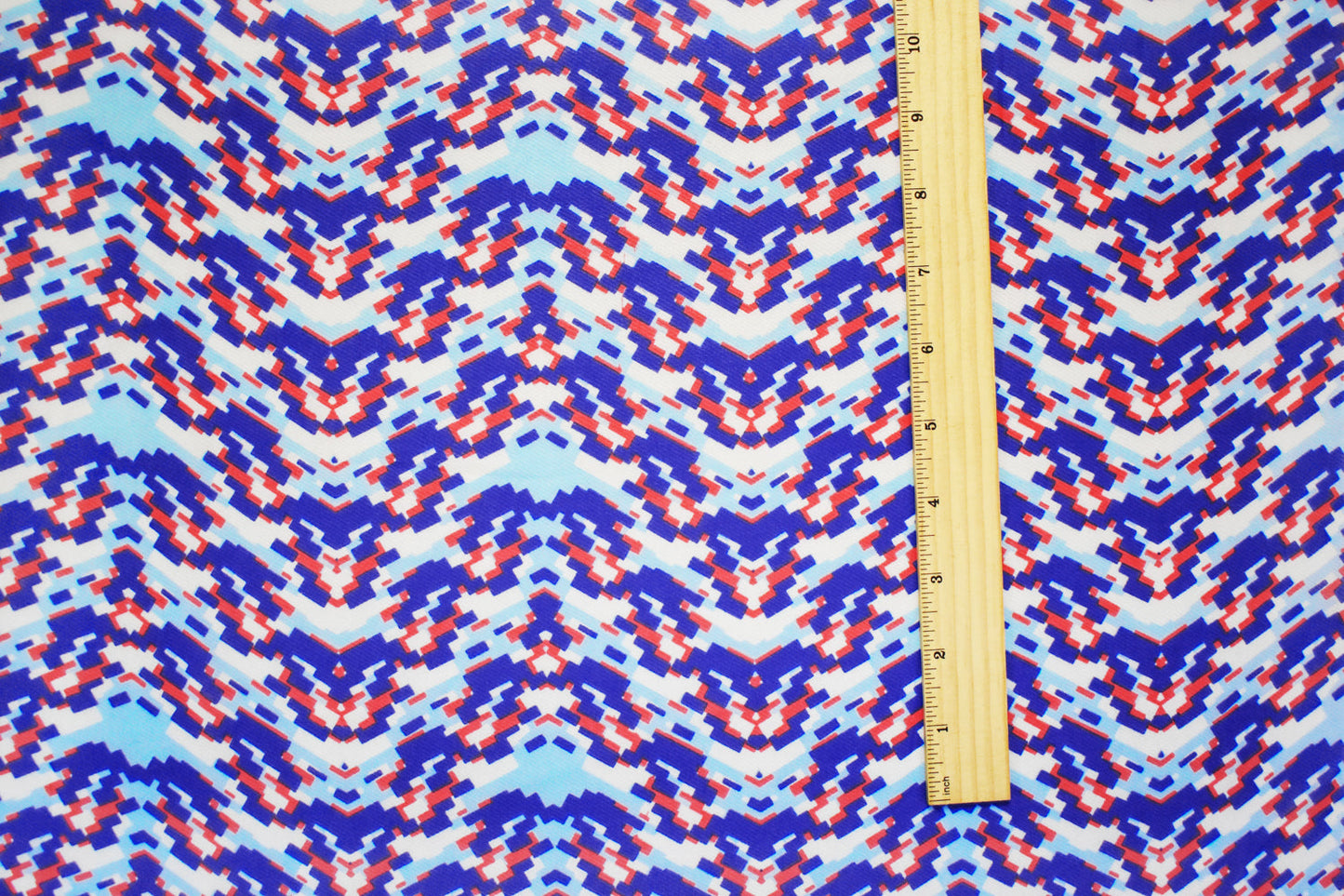 Blue-Red-White Poly Pixel Chevron Printed Chiffon Woven Fabric