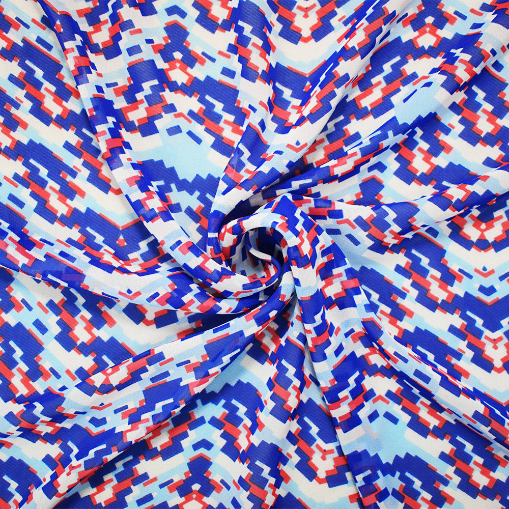 Blue-Red-White Poly Pixel Chevron Printed Chiffon Woven Fabric
