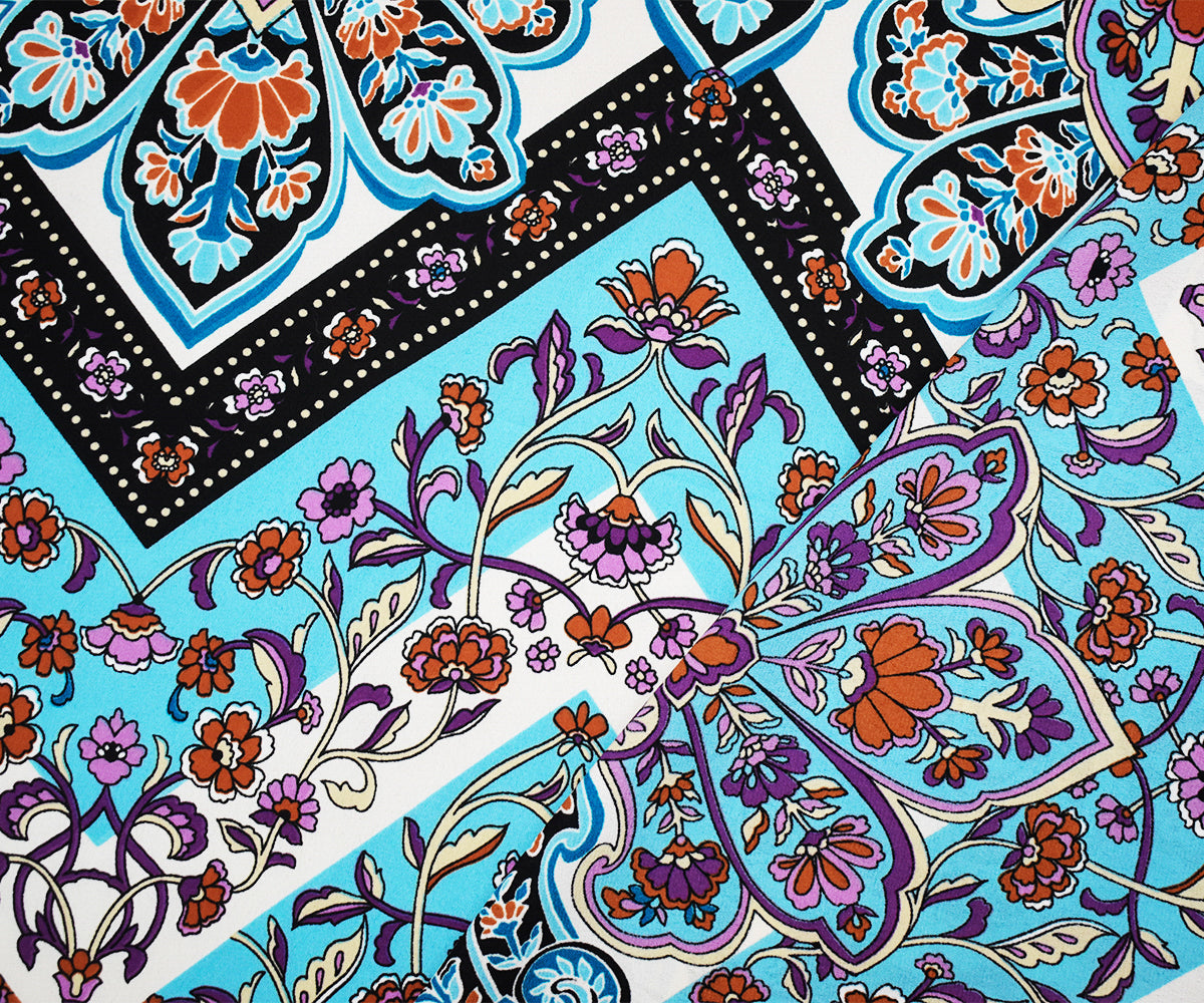 Turquoise-Multi Poly Floral Chevron Printed Georgette Woven Fabric