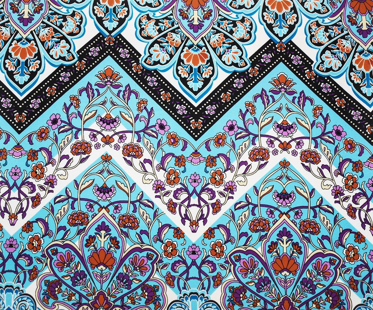Turquoise-Multi Poly Floral Chevron Printed Georgette Woven Fabric