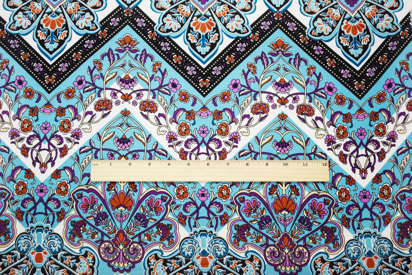 Turquoise-Multi Poly Floral Chevron Printed Georgette Woven Fabric