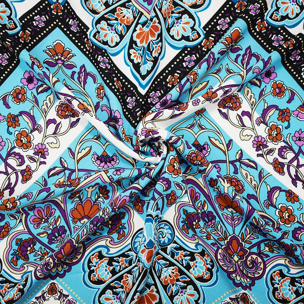 Turquoise-Multi Poly Floral Chevron Printed Georgette Woven Fabric