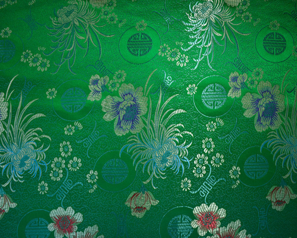 Green-Yellow-Multi Polyester Floral Chinese Brocade Woven Fabric