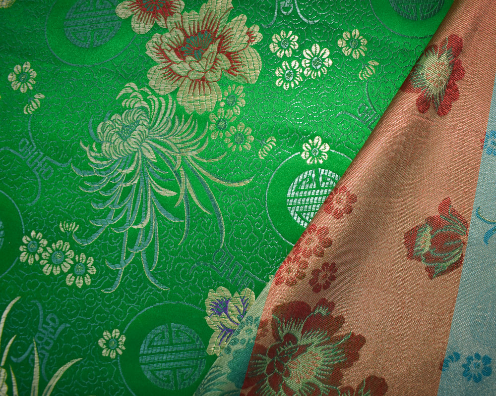 Green-Yellow-Multi Polyester Floral Chinese Brocade Woven Fabric