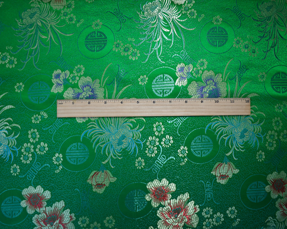 Green-Yellow-Multi Polyester Floral Chinese Brocade Woven Fabric