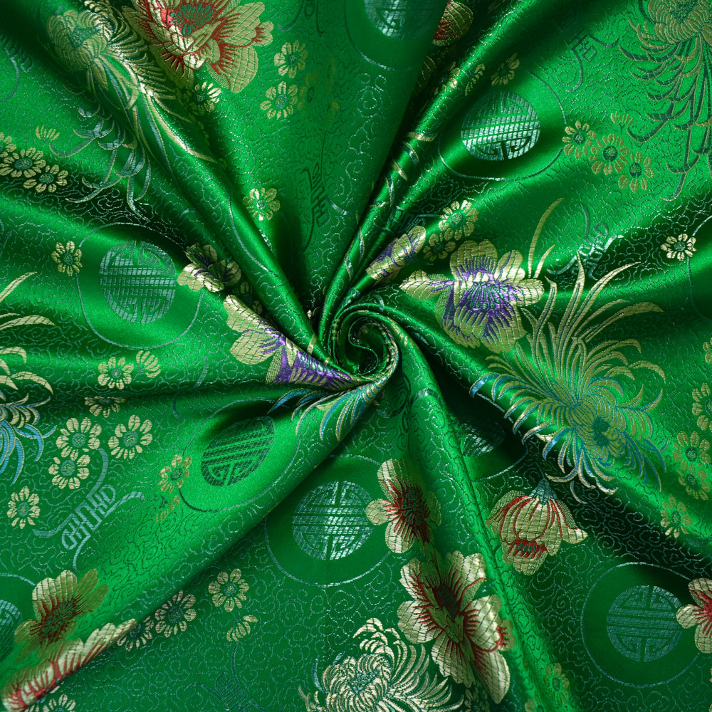 Green-Yellow-Multi Polyester Floral Chinese Brocade Woven Fabric
