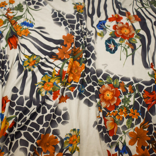 1 1/2 YD PC-Gray-Orange-Multi Floral Animal Printed Stretch Silk Jersey Knit Fabric